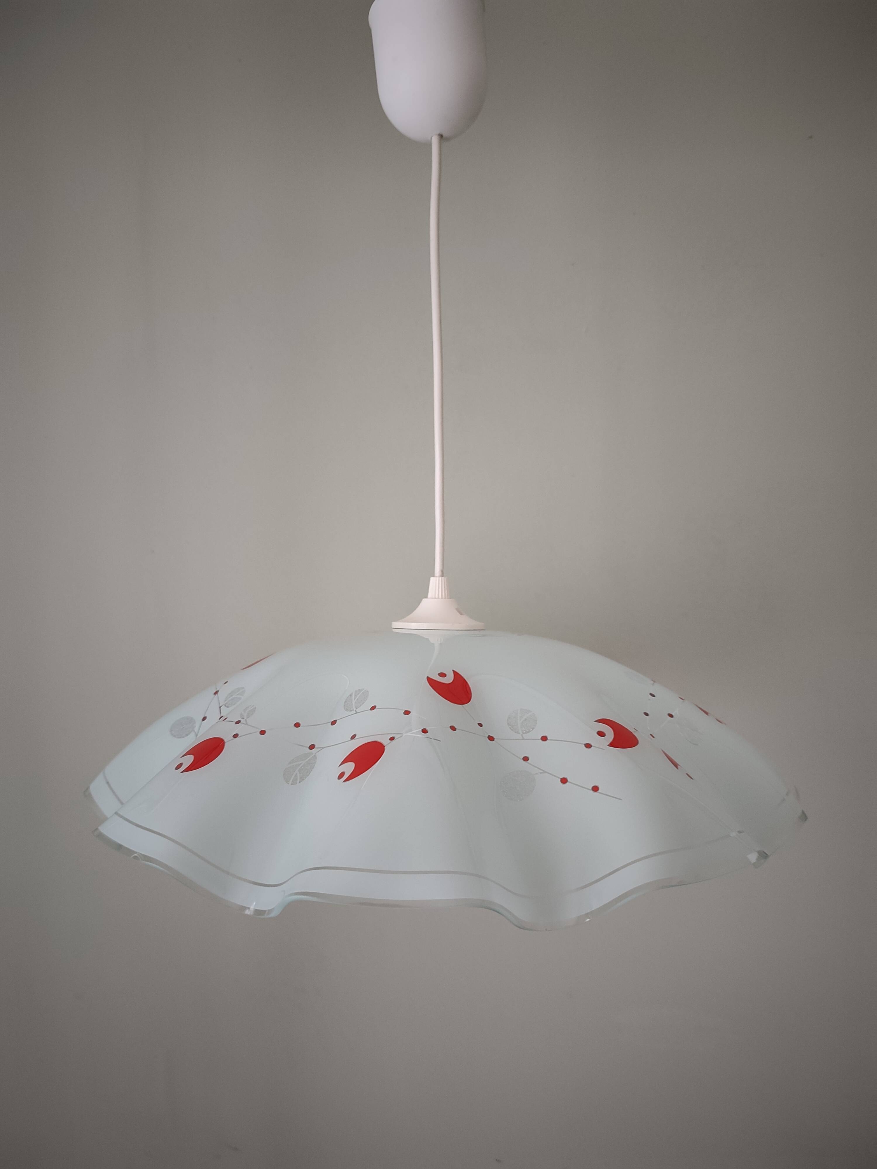 White opaline glass suspension with red and silver floral decoration.