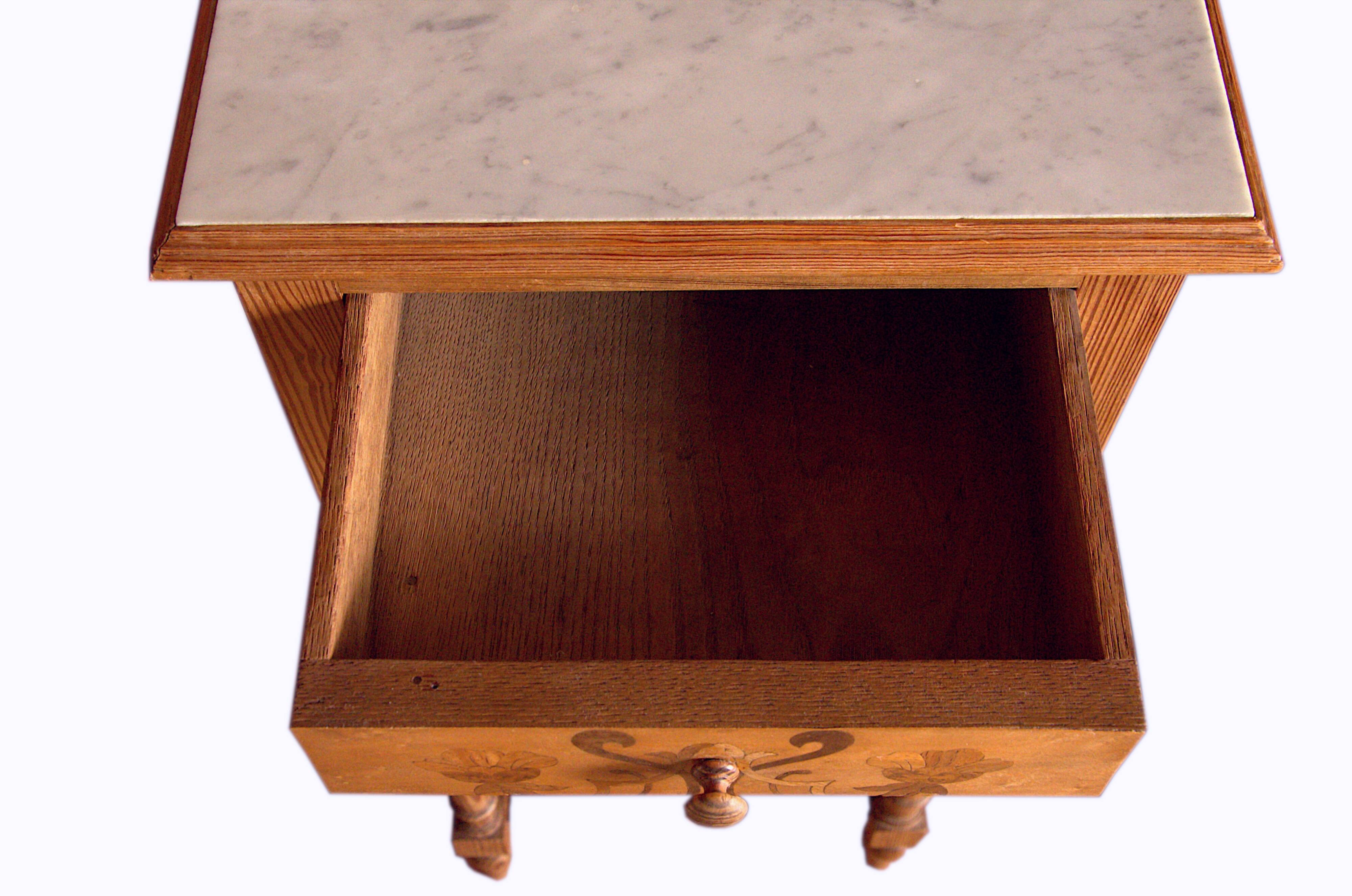 Nightstand in marked pine and marble, 37x81cm, 1940s, Art Deco, Gallé
