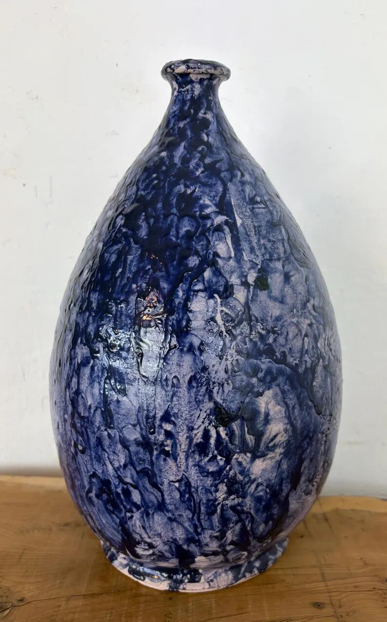 Vintage Mid-Century Studio Art Pottery Cobalt Blue Textured Glaze Teardrop Vase