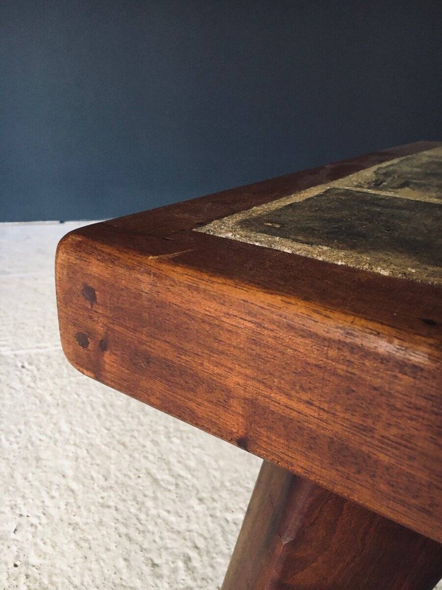 Brutalist Rustic Slate Tile & Oak Coffee Table, Belgium, 1960s