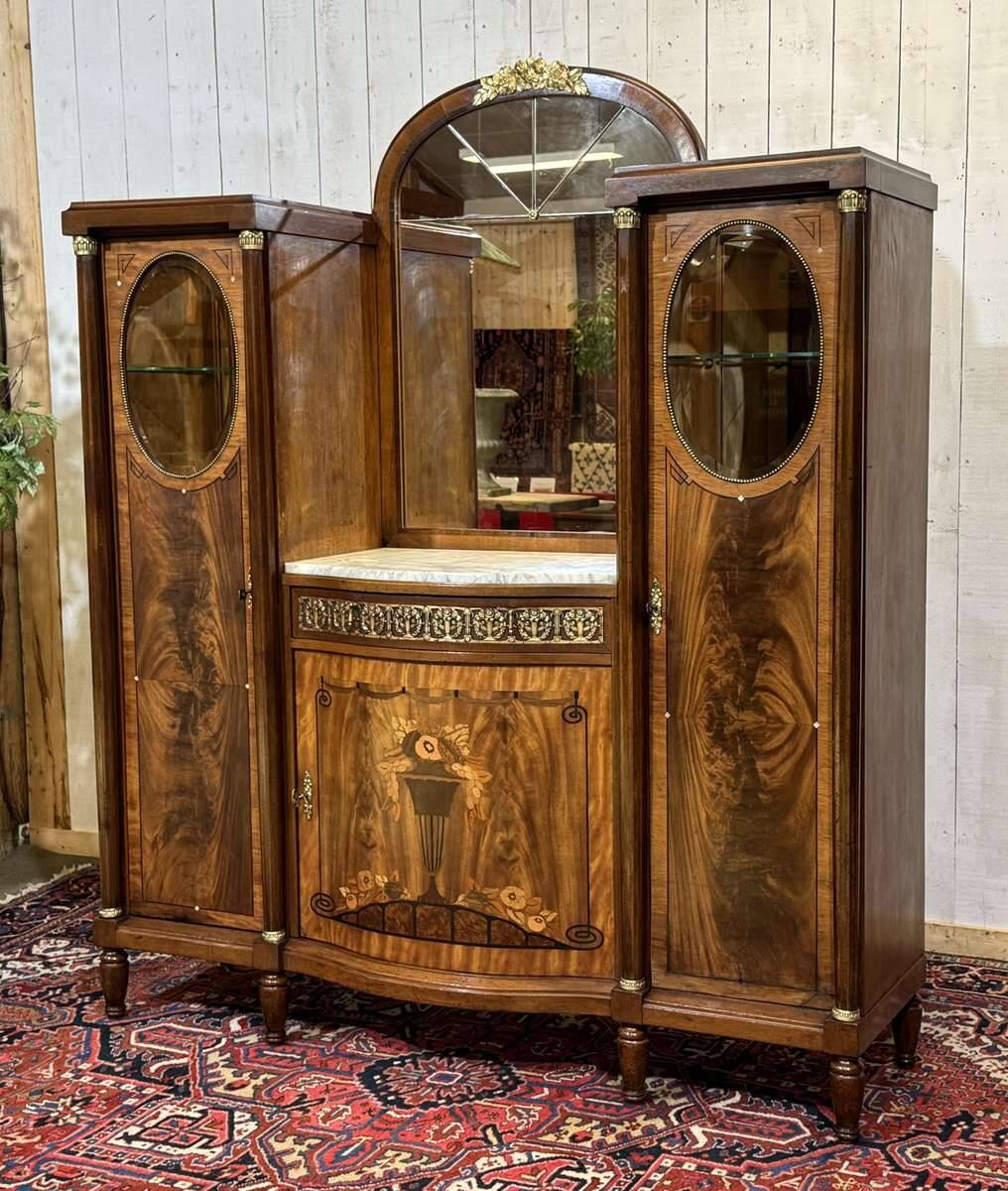 Art Deco buffet in mahogany, oak, and marble top.