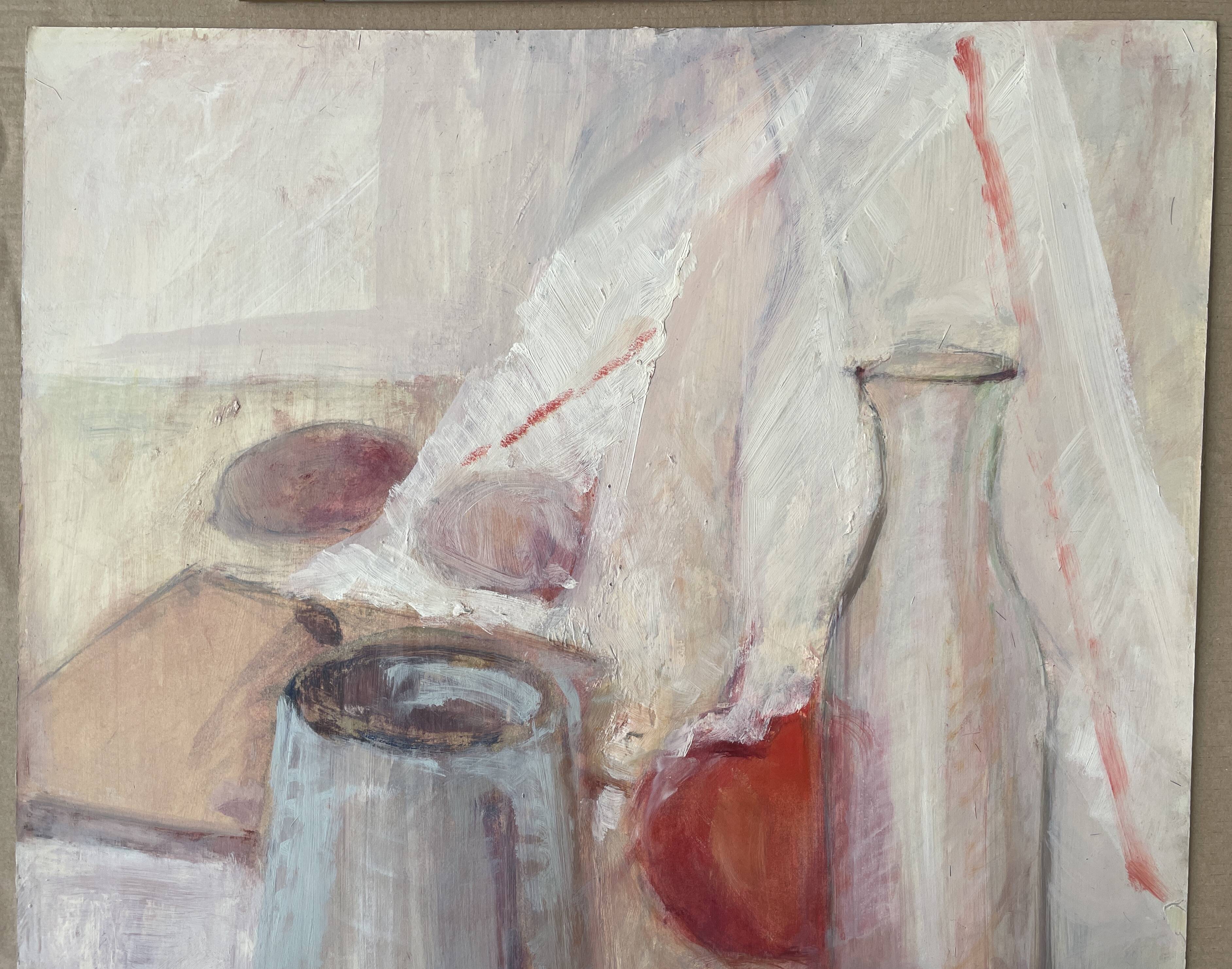 Still life "Red apples and blue pitcher" oil on cardboard