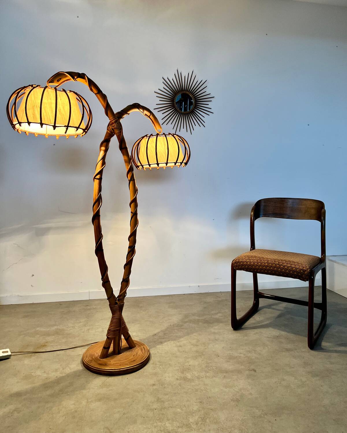 Old bamboo and rattan floor lamp design 60s Louis Sognot vintage lamp