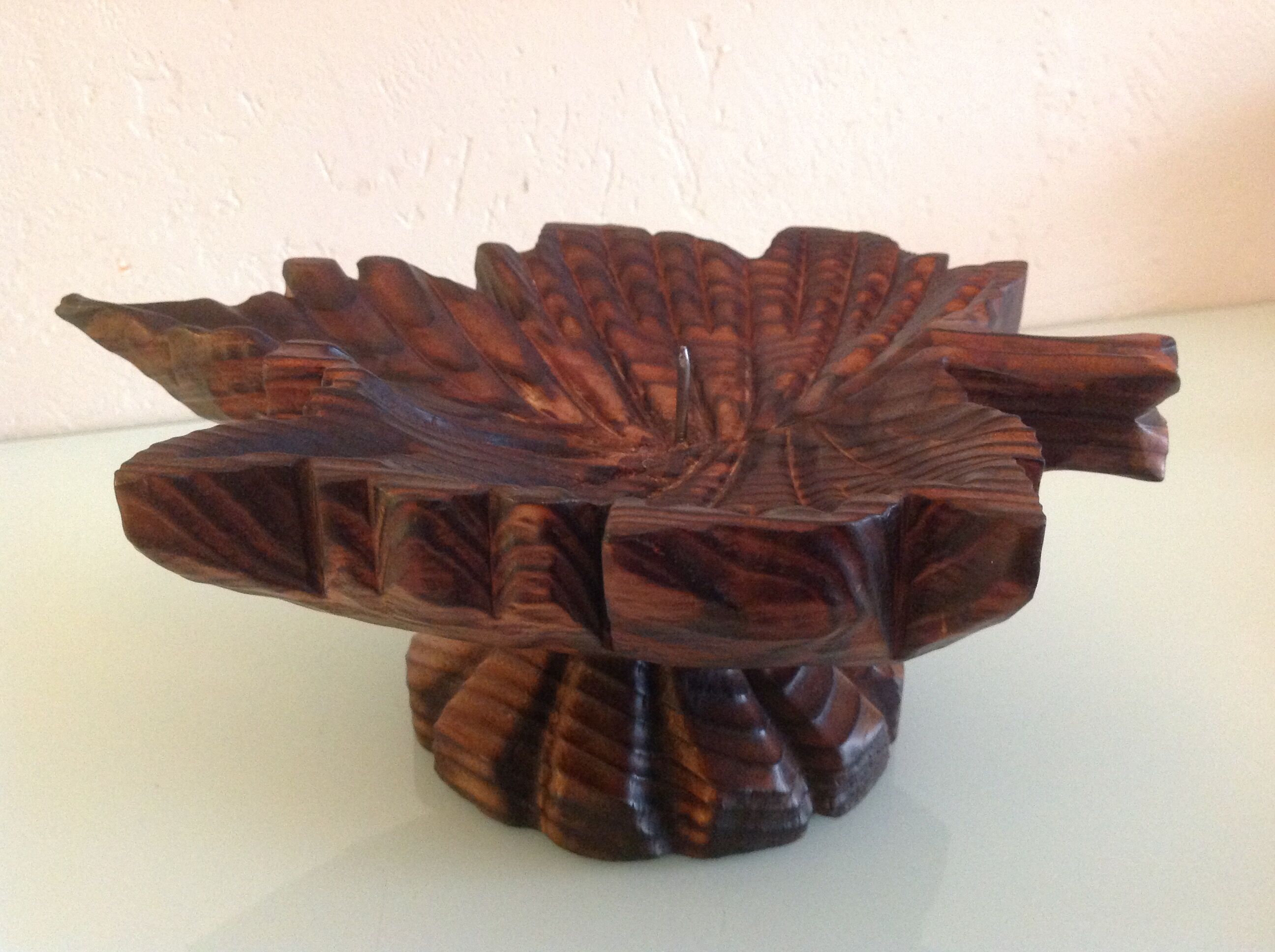 Brutalist wooden candlestick shaped vine leaf /vintage 60s-70s