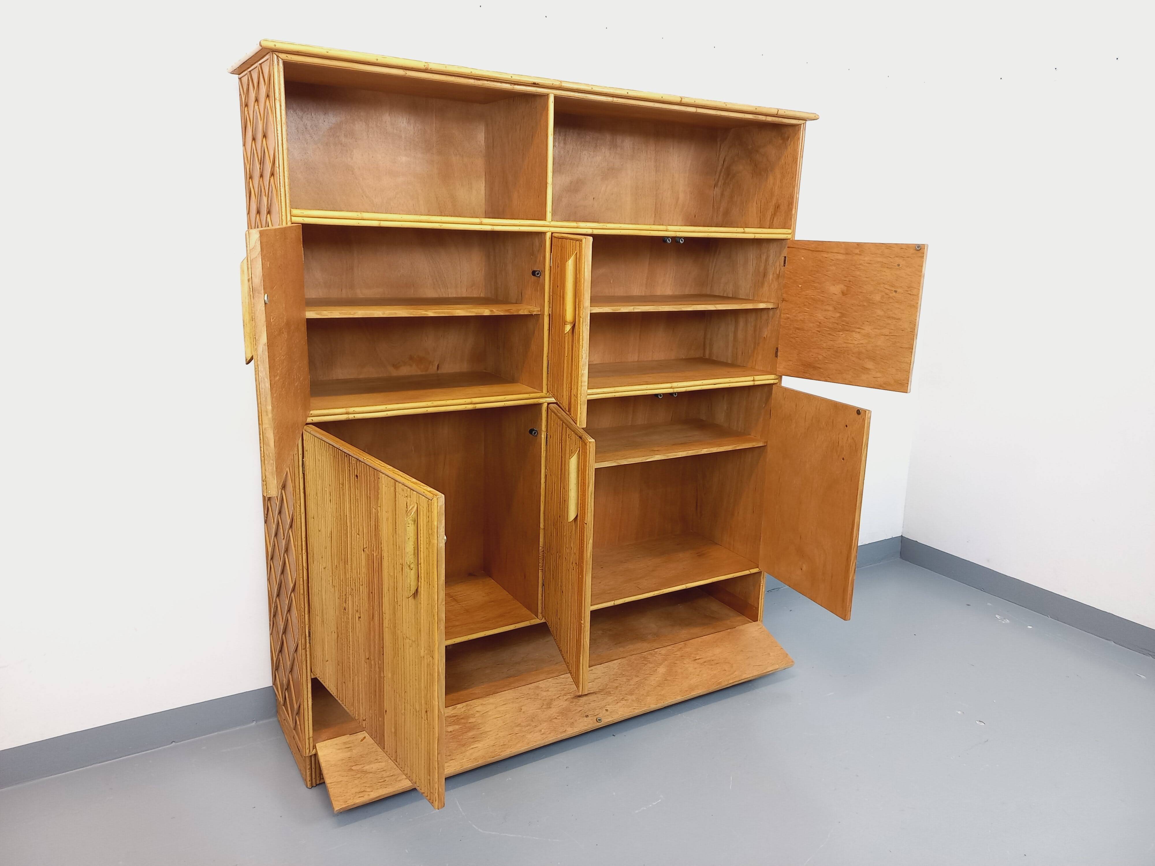 Vintage rattan and light wood storage unit from the 60s