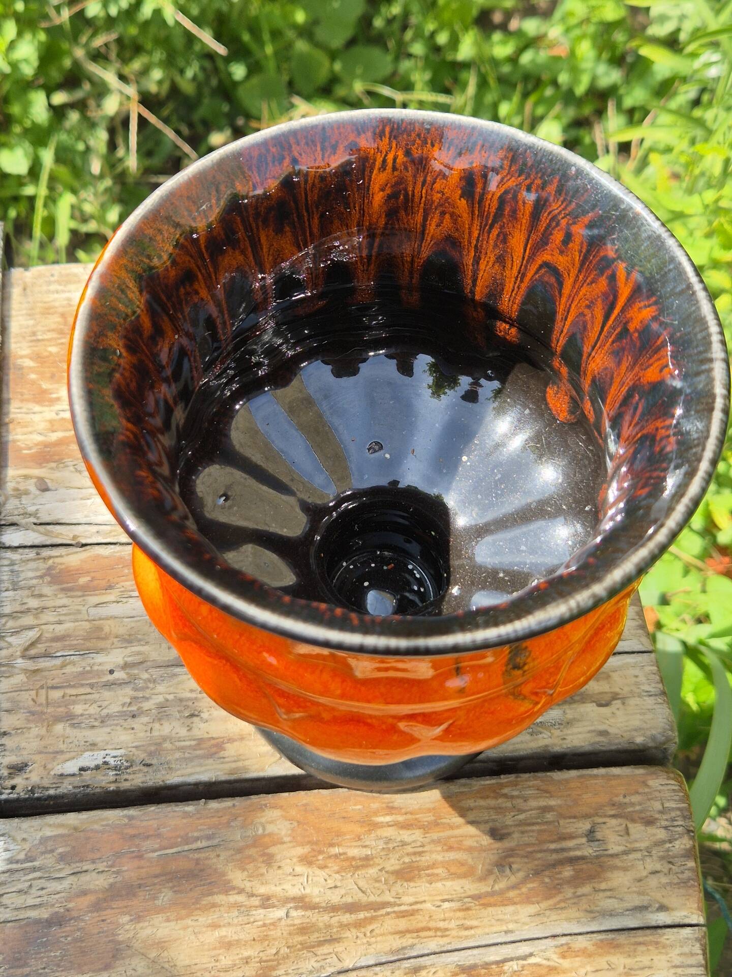 Striking 1970s Chalice Vase - orange & black Fat Lava style