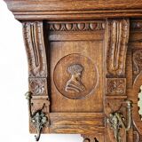 Dutch entryway wall coat rack / solid wood / carved decorations and mirror in the center / 1950s