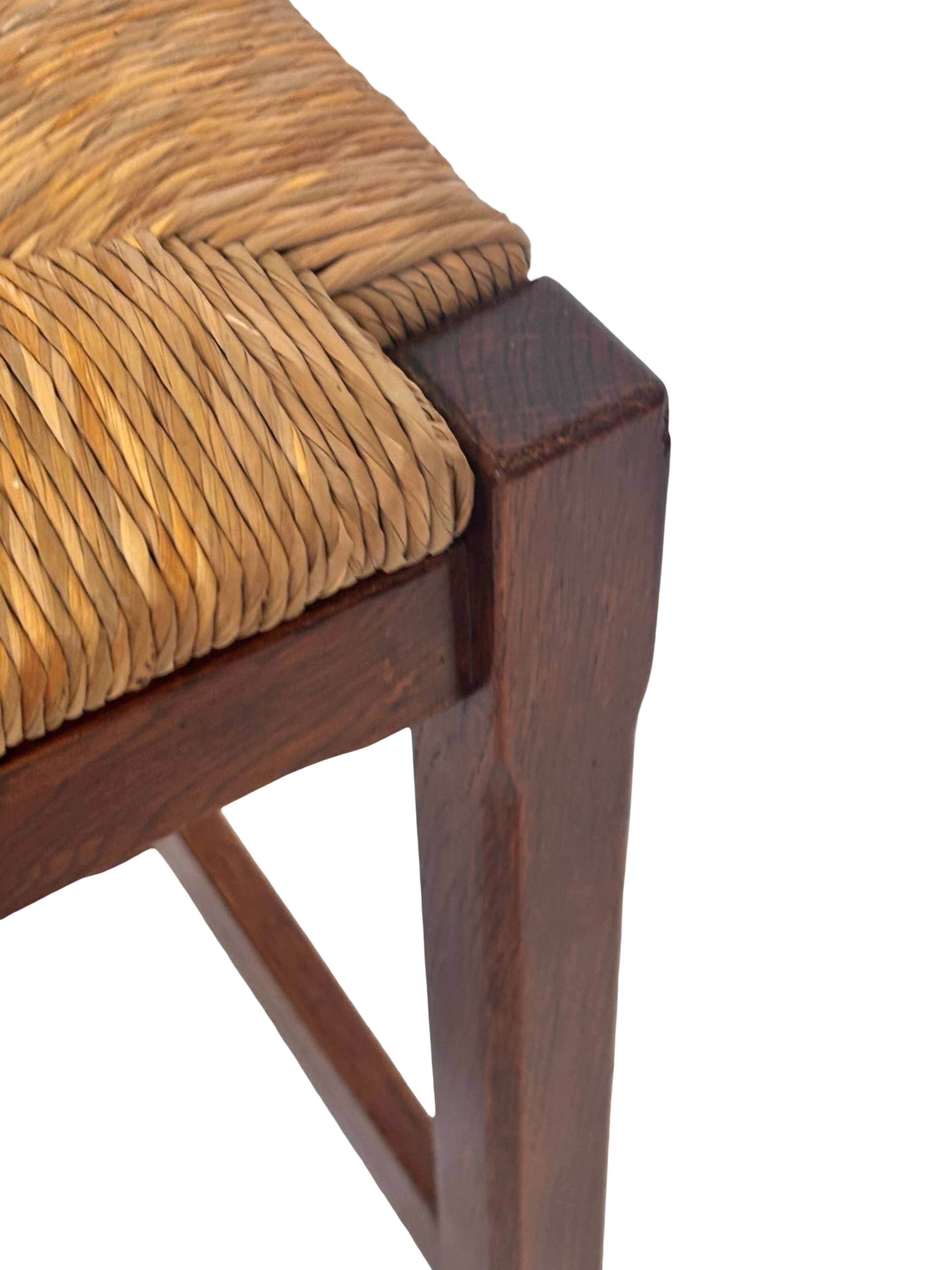 Vintage rattan stool with oak, 60s wabi sabi design, minimalist