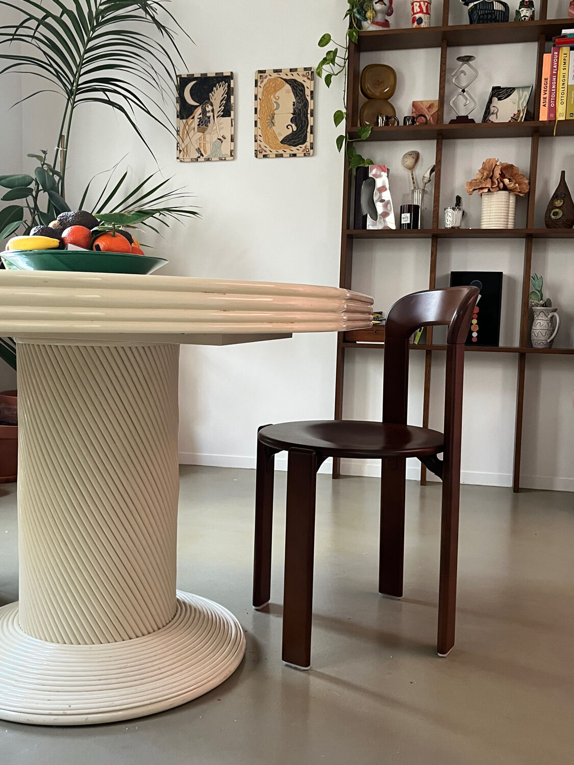 Vintage table, beige lacquered top and bamboo legs.