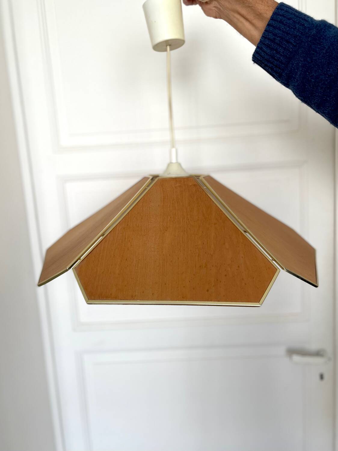 Vintage pendant light wood veneer geometric flower shape