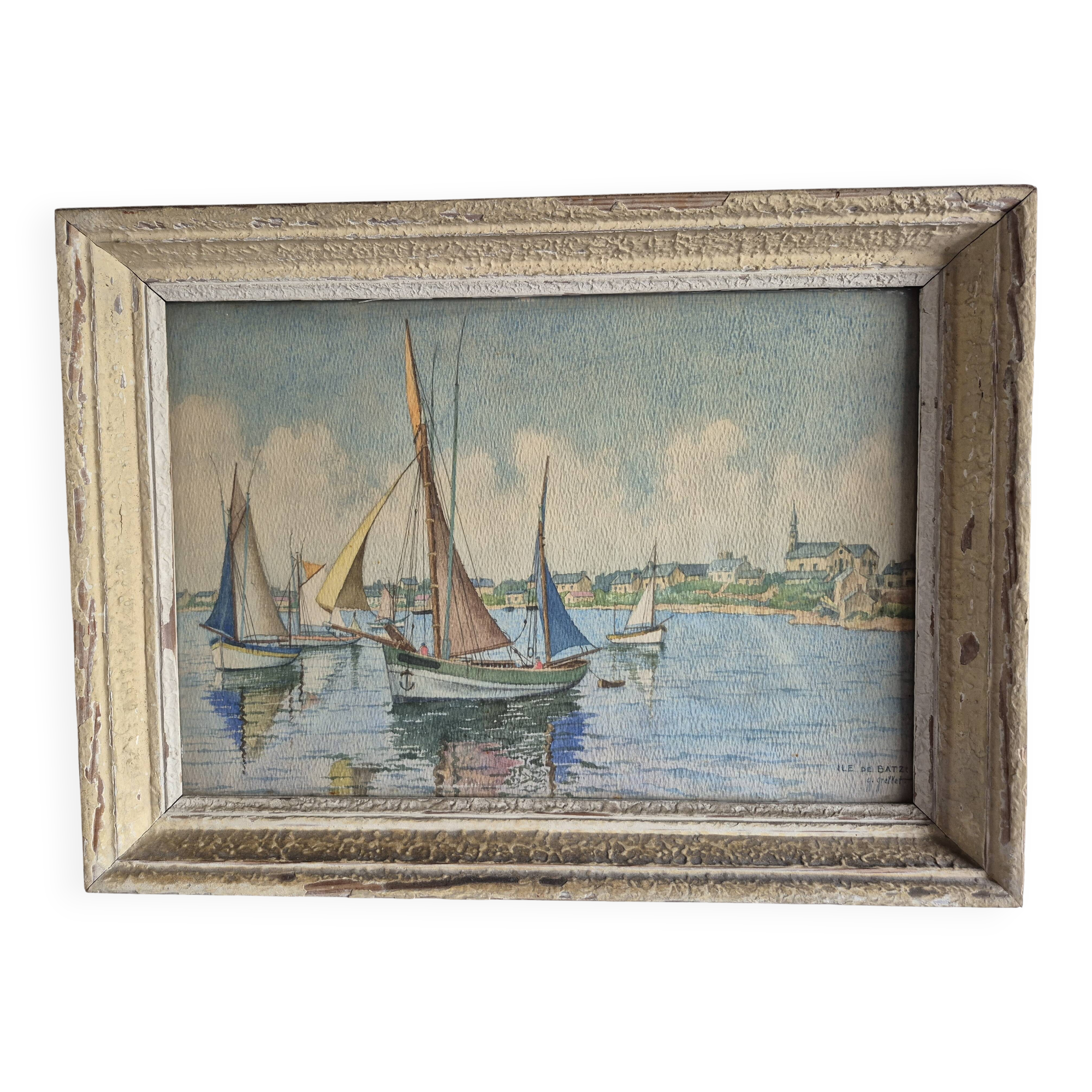 Framed watercolor by Geoges Grellet "Ile de Batz"