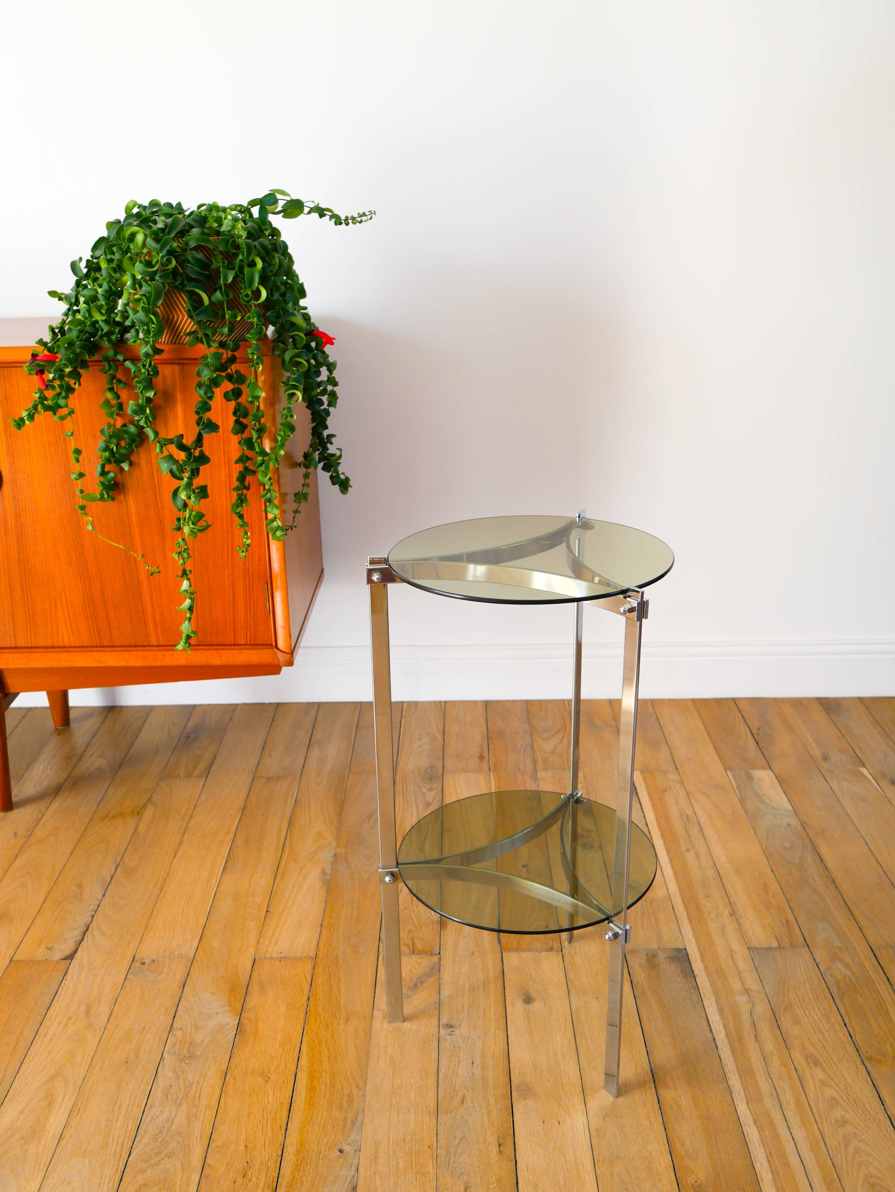 Tripod stand in chrome and smoked glass, double floors, Design, 1970