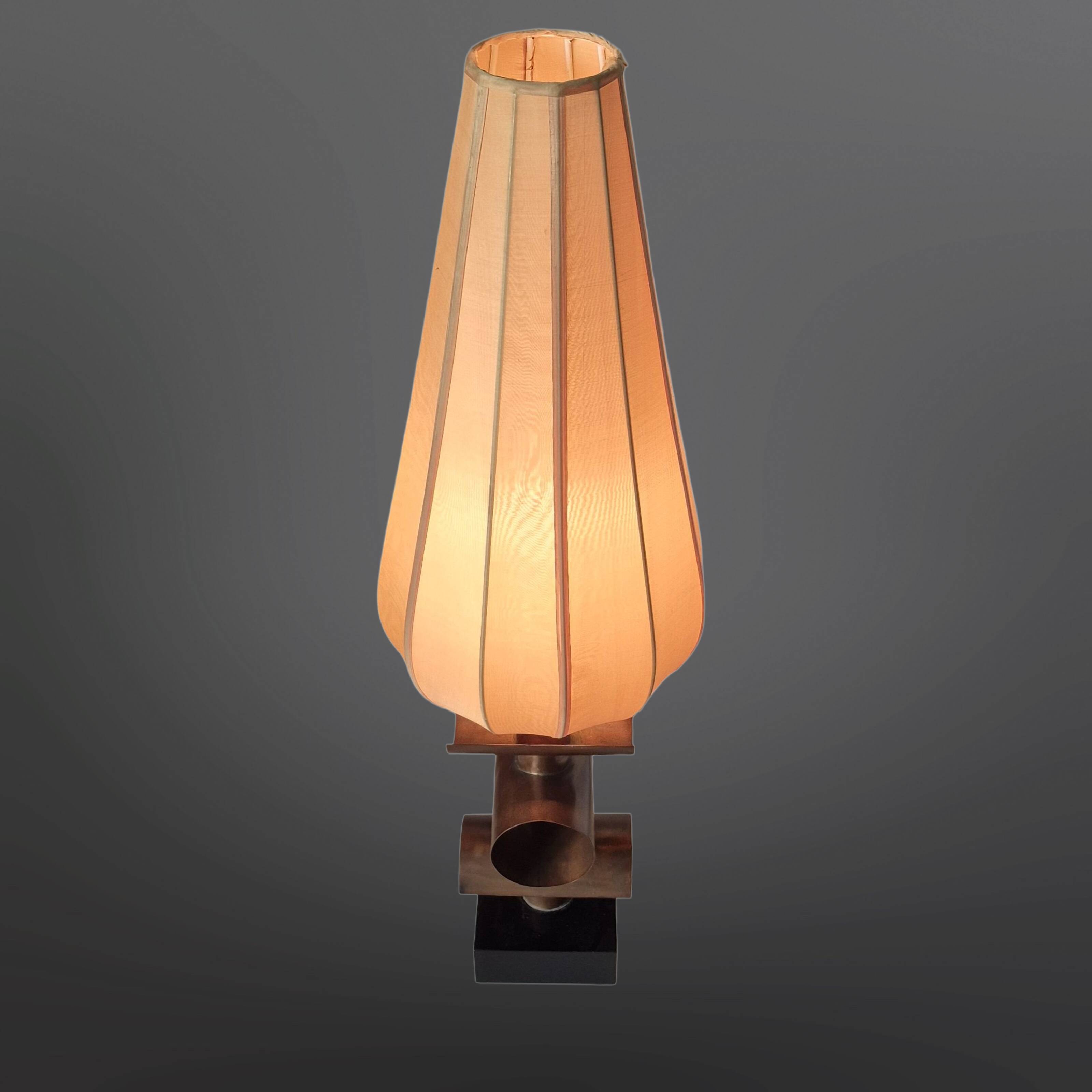 Modernist handcrafted copper and silk table lamp, Netherlands 1950s