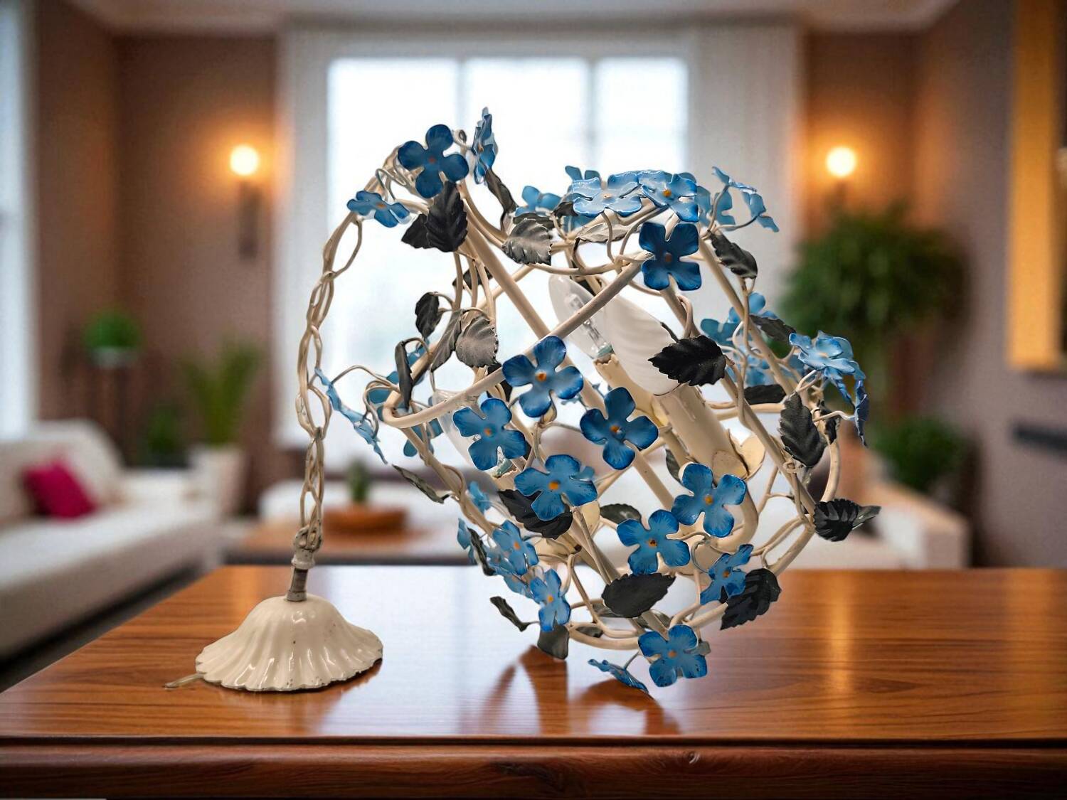 Vintage 1950s Italian Wrought Iron Floral Chandelier – Hand-Painted