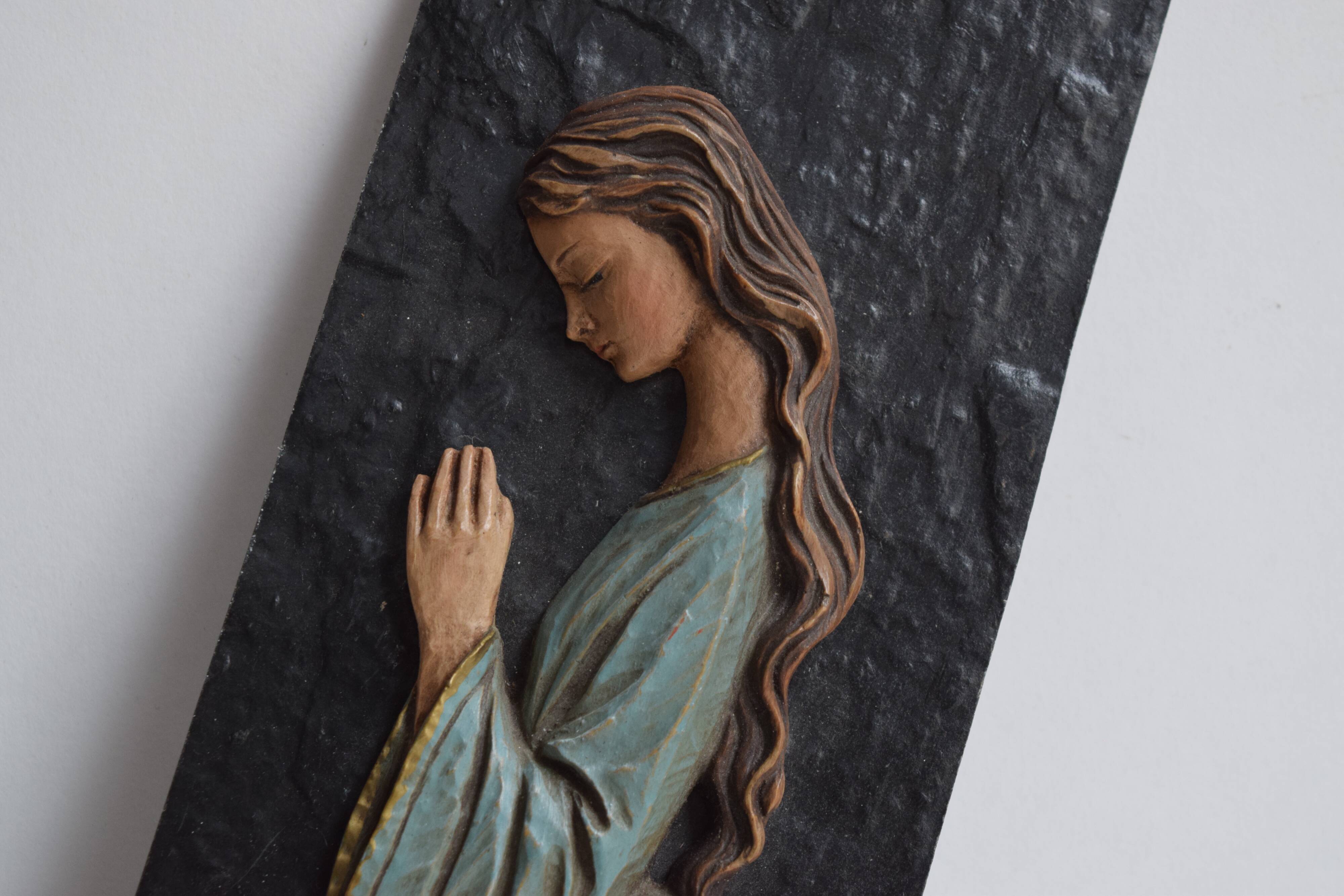 Religious slate wall plaque - hand-painted carved wood overprint - 1970