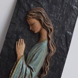 Religious slate wall plaque - hand-painted carved wood overprint - 1970