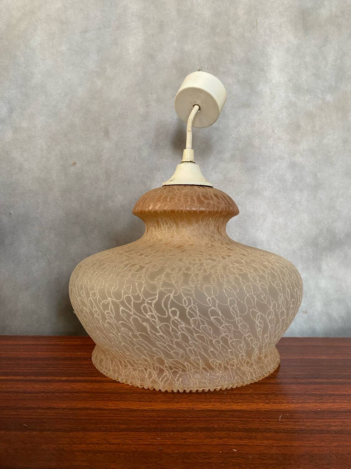 Antique Beige Frosted Glass Pendant Light 70s Art Deco Vintage