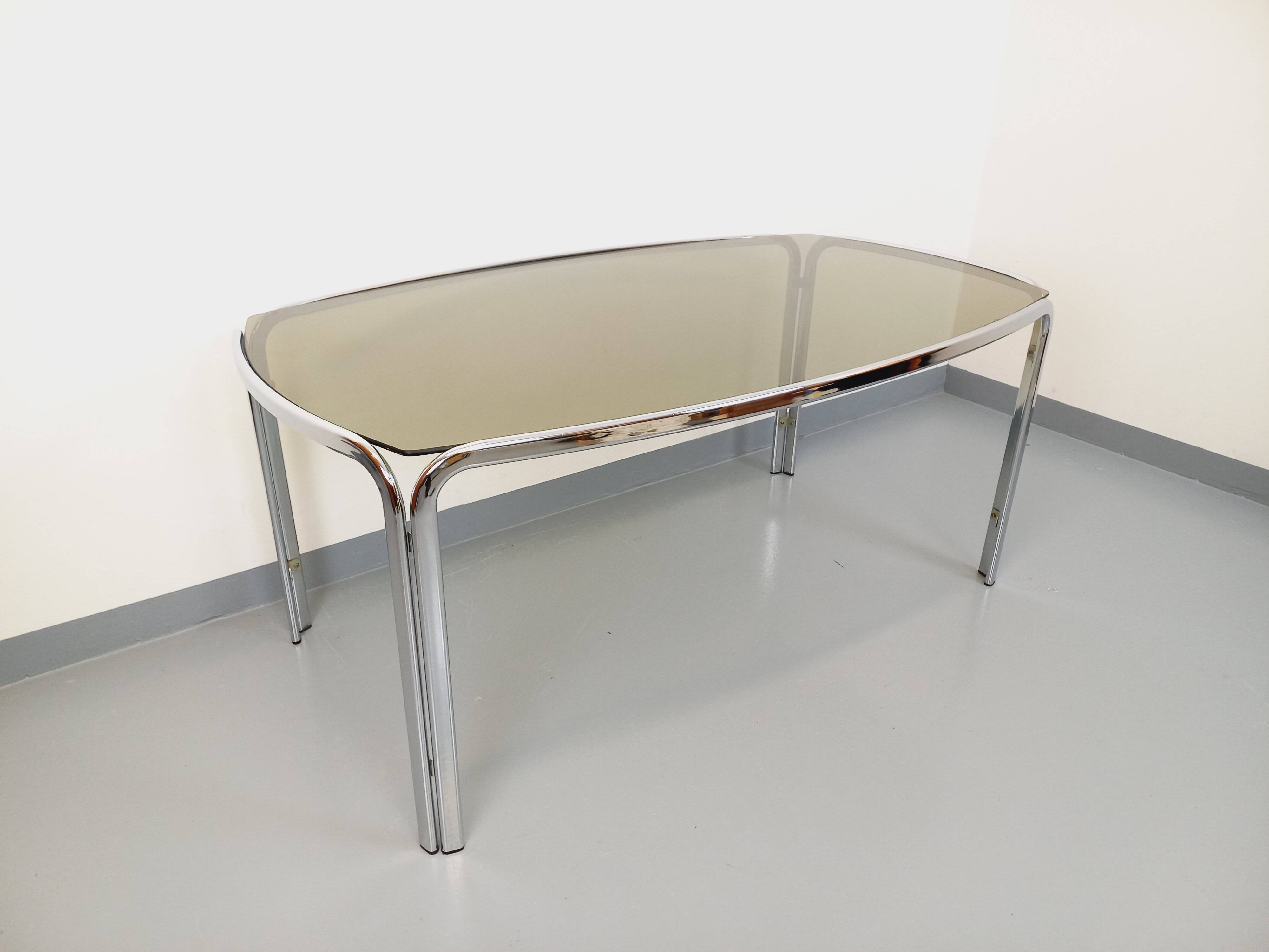 Vintage curved rectangular dining table in smoked glass and chrome metal