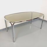 Vintage curved rectangular dining table in smoked glass and chrome metal