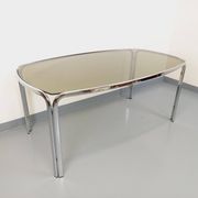 Vintage curved rectangular dining table in smoked glass and chrome metal