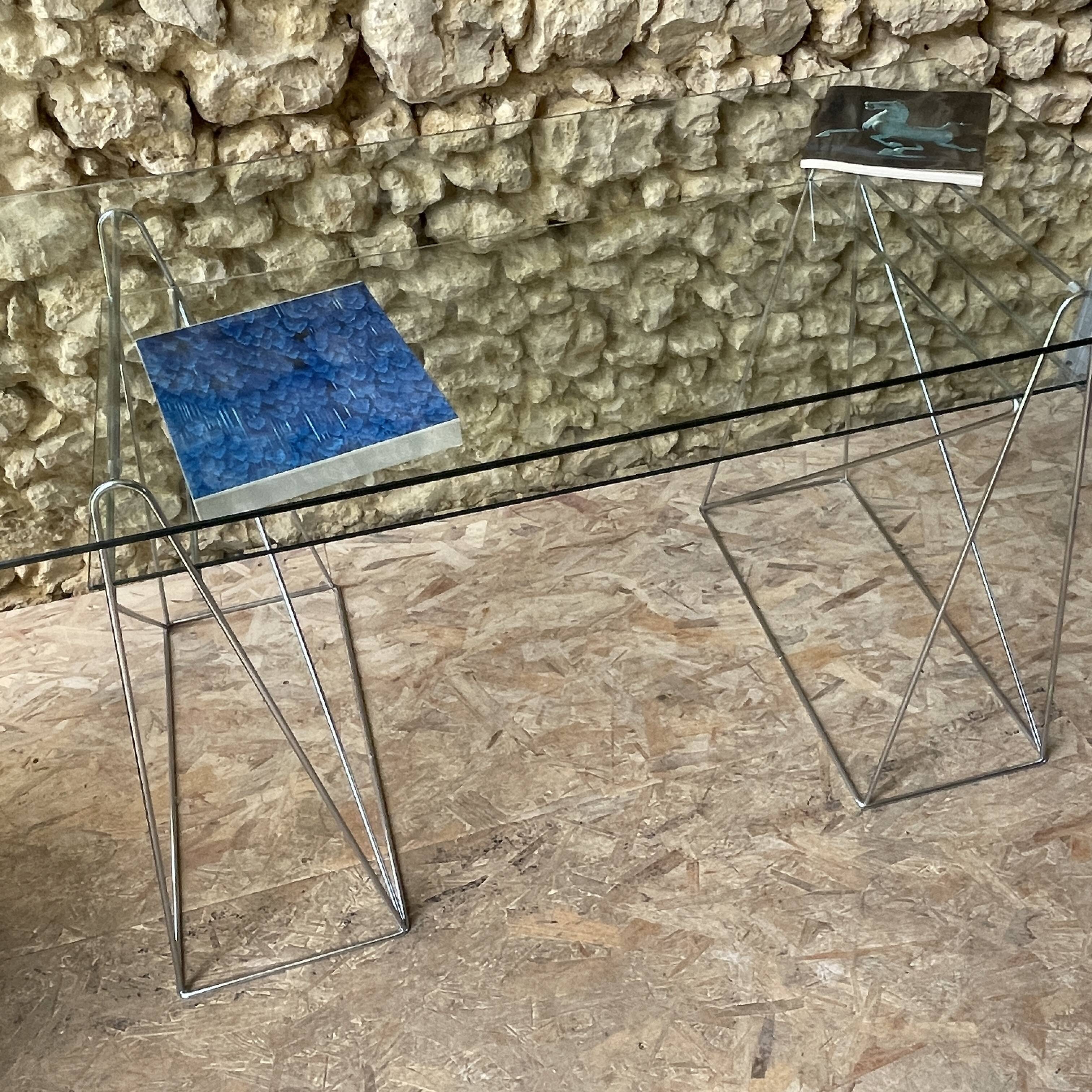 Glass desk - chrome metal trestles