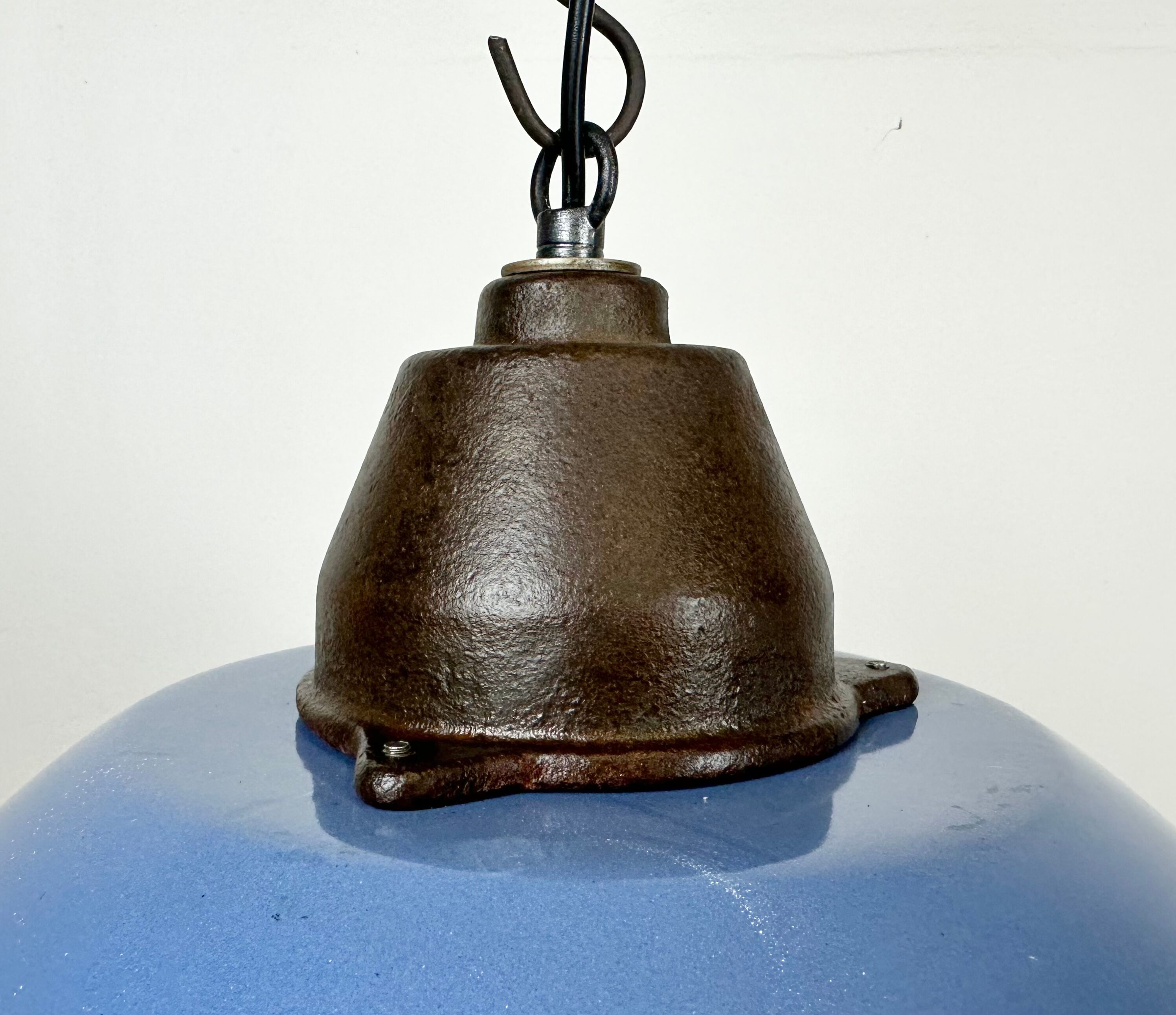 Industrial Blue Enamel and Cast Iron Pendant Light with Glass Cover, 1960s