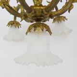 Old bronze chandelier with glass tulips with 7 fires. Nineteenth chandelier