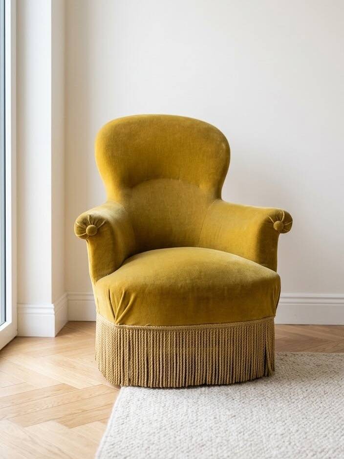 Fauteuil crapaud Napoléon III en velours jaune