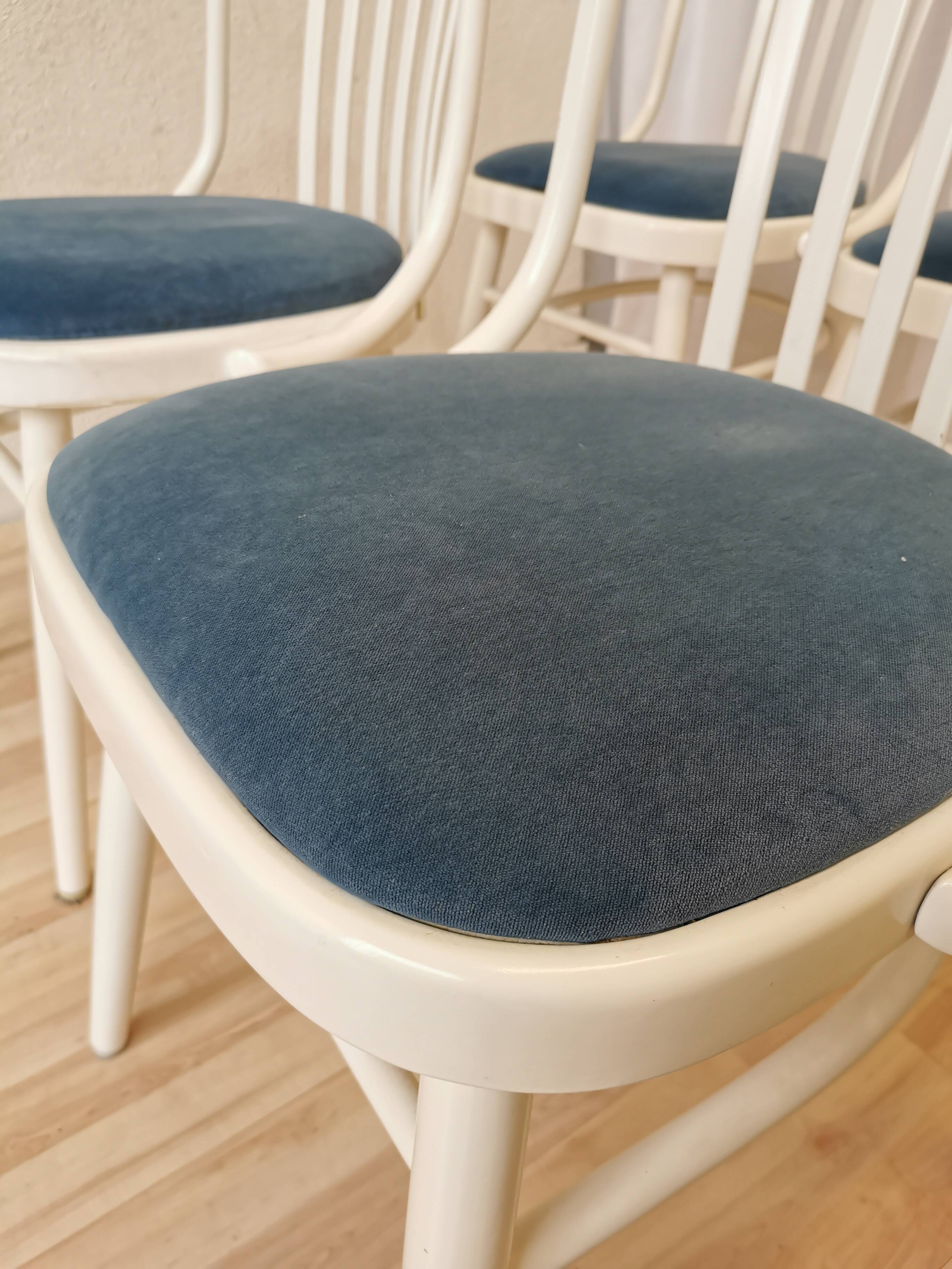 Set of 6 Vintage Bentwood Dining Chairs: White Ligna Style, Blue Fabric
