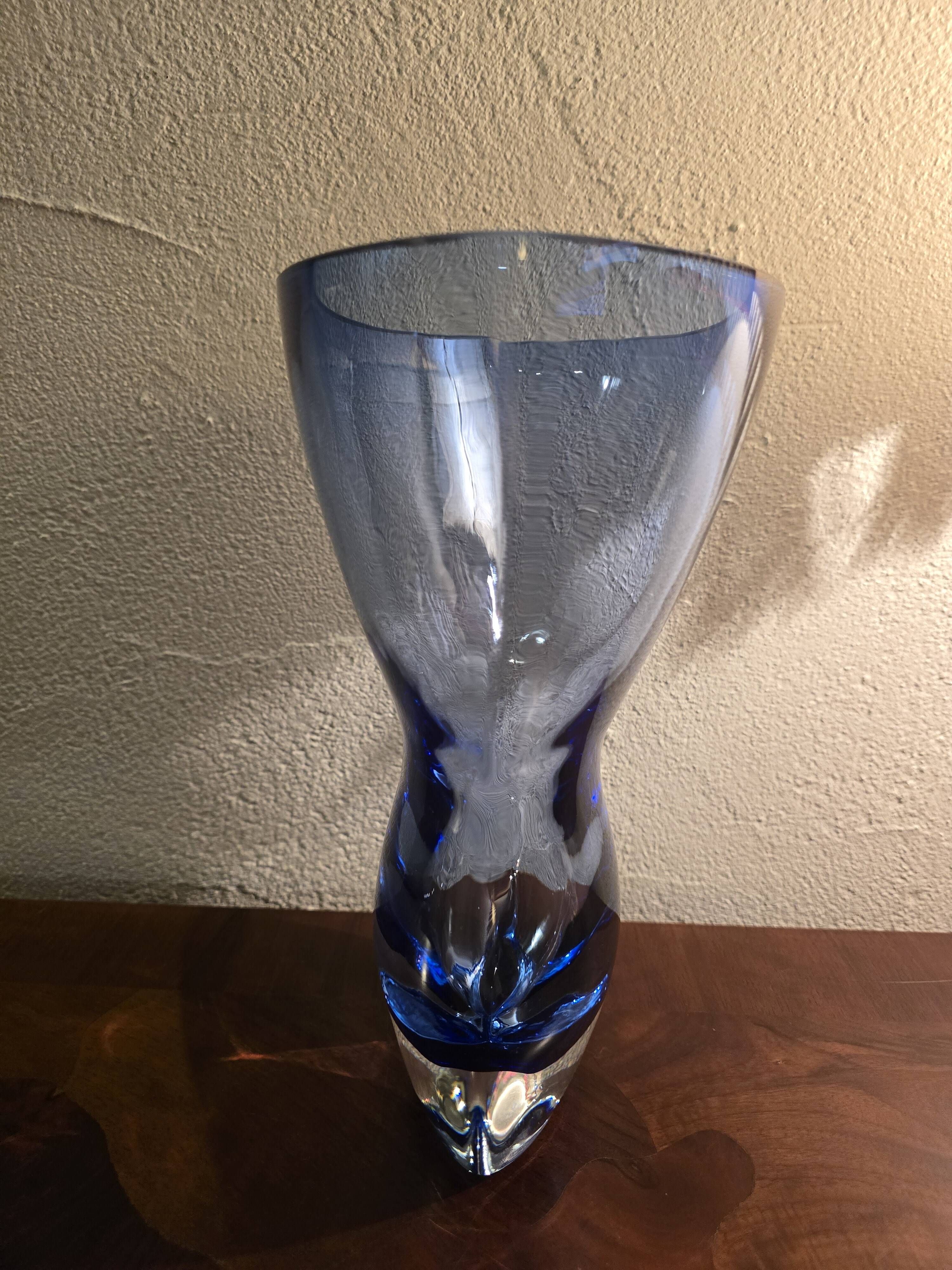 Large krosno vase from poland in blown blue glass, vintage variation.