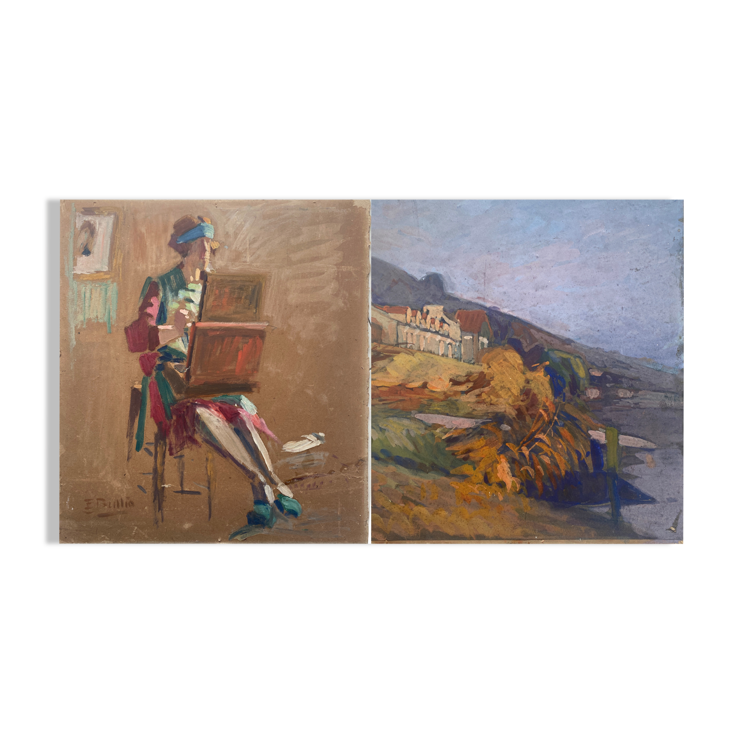 Two-sided painting "The Artist at Work + Landscape" HSP signed E. Bullio (circa 1920)