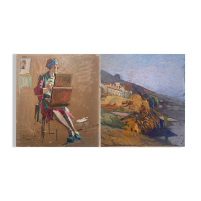 Tableau biface ''l'artiste au travail et paysage'' hsp signée e. bullio (vers 1920)