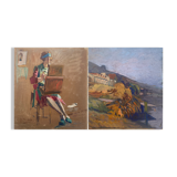 Two-sided painting "The Artist at Work + Landscape" HSP signed E. Bullio (circa 1920)