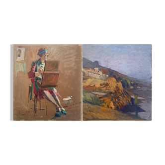 Two-sided painting "The Artist at Work + Landscape" HSP signed E. Bullio (circa 1920)