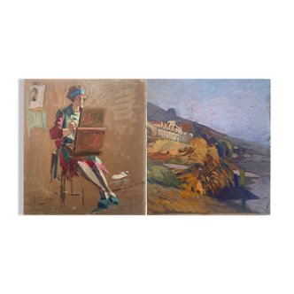 Tableau biface "l'artiste au travail et paysage" hsp signée e. bullio (vers 1920)