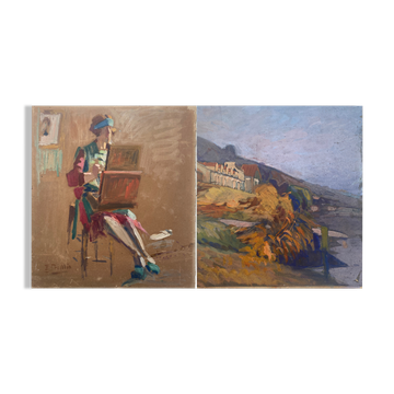 Two-sided painting "The Artist at Work + Landscape" HSP signed E. Bullio (circa 1920)