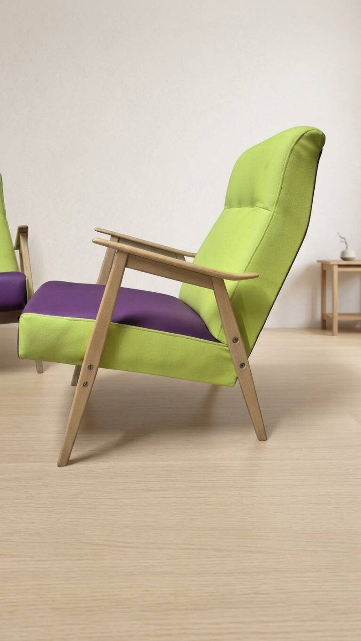 Pair of restored vintage armchairs, green and purple upholstery