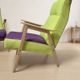 Pair of restored vintage armchairs, green and purple upholstery