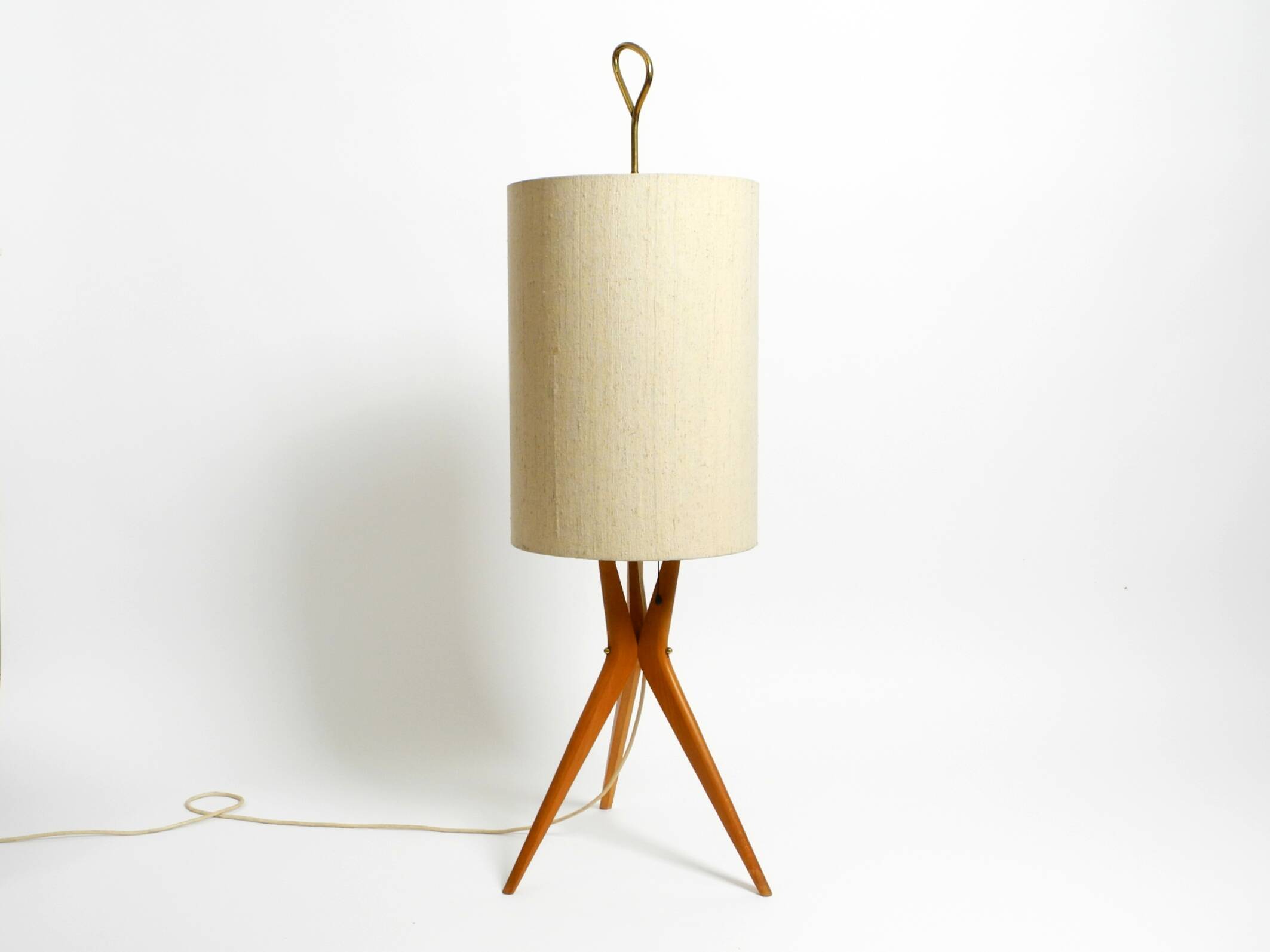 Mid Century Modern tripod walnut wood floor lamp with large fabric shade