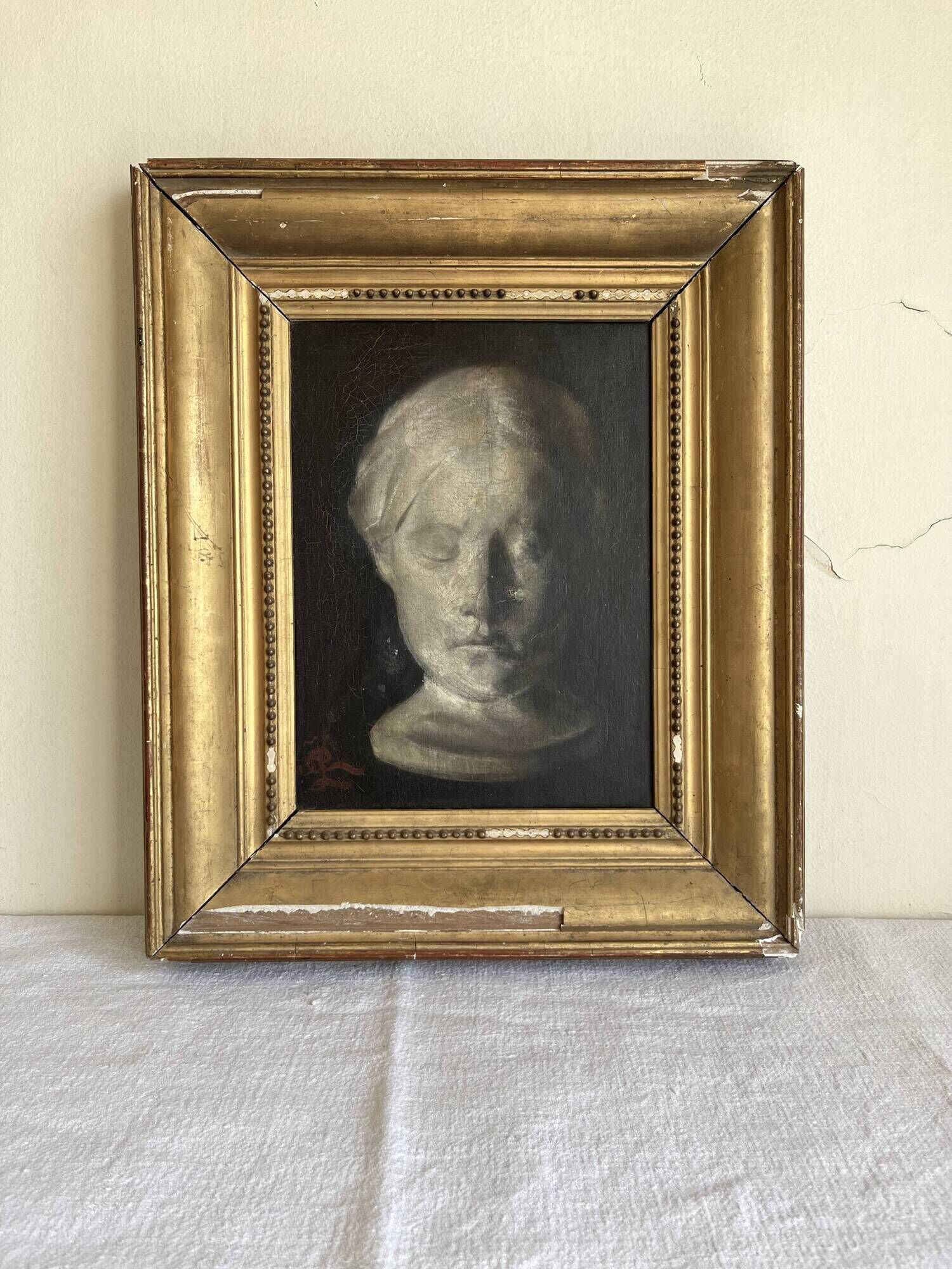 Study of a young girl in plaster, oil on canvas, 19th century, gilded frame.