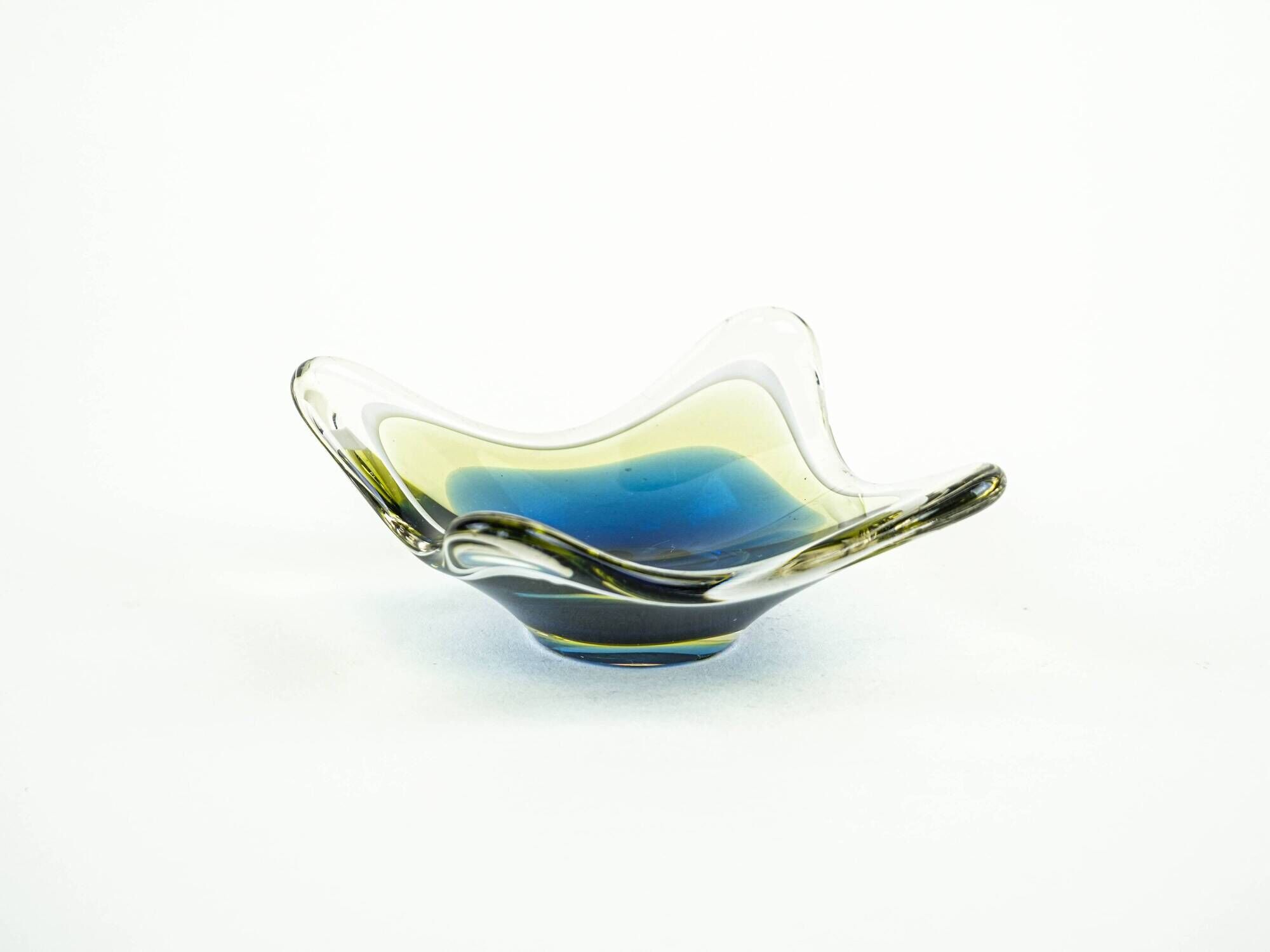 Art glass platter with organic form in blue and yellow, Europe, 1970s