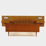 Vintage mid century double bed in teak + floating nightstands & lighting