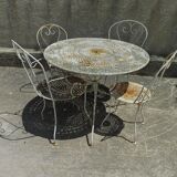 Iron garden furniture forge table, 2 armchairs and 2 chairs