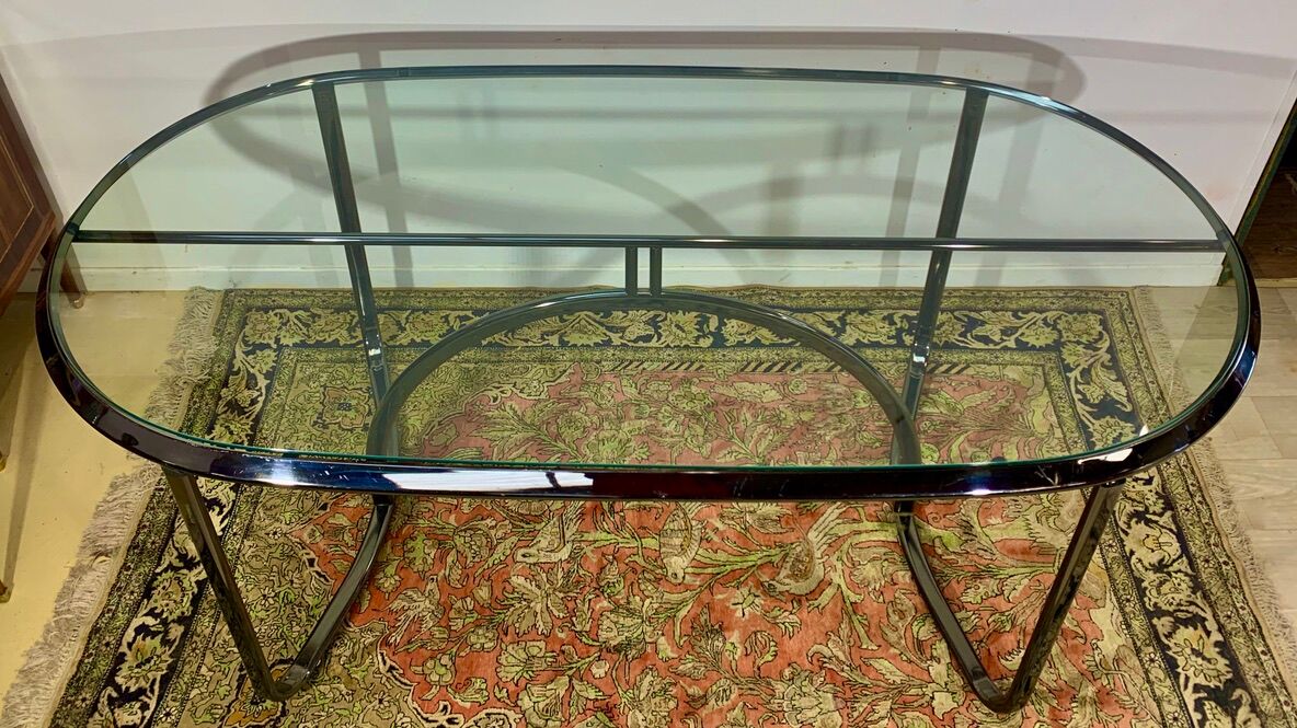 Glass and chrome steel table, design italy 1960