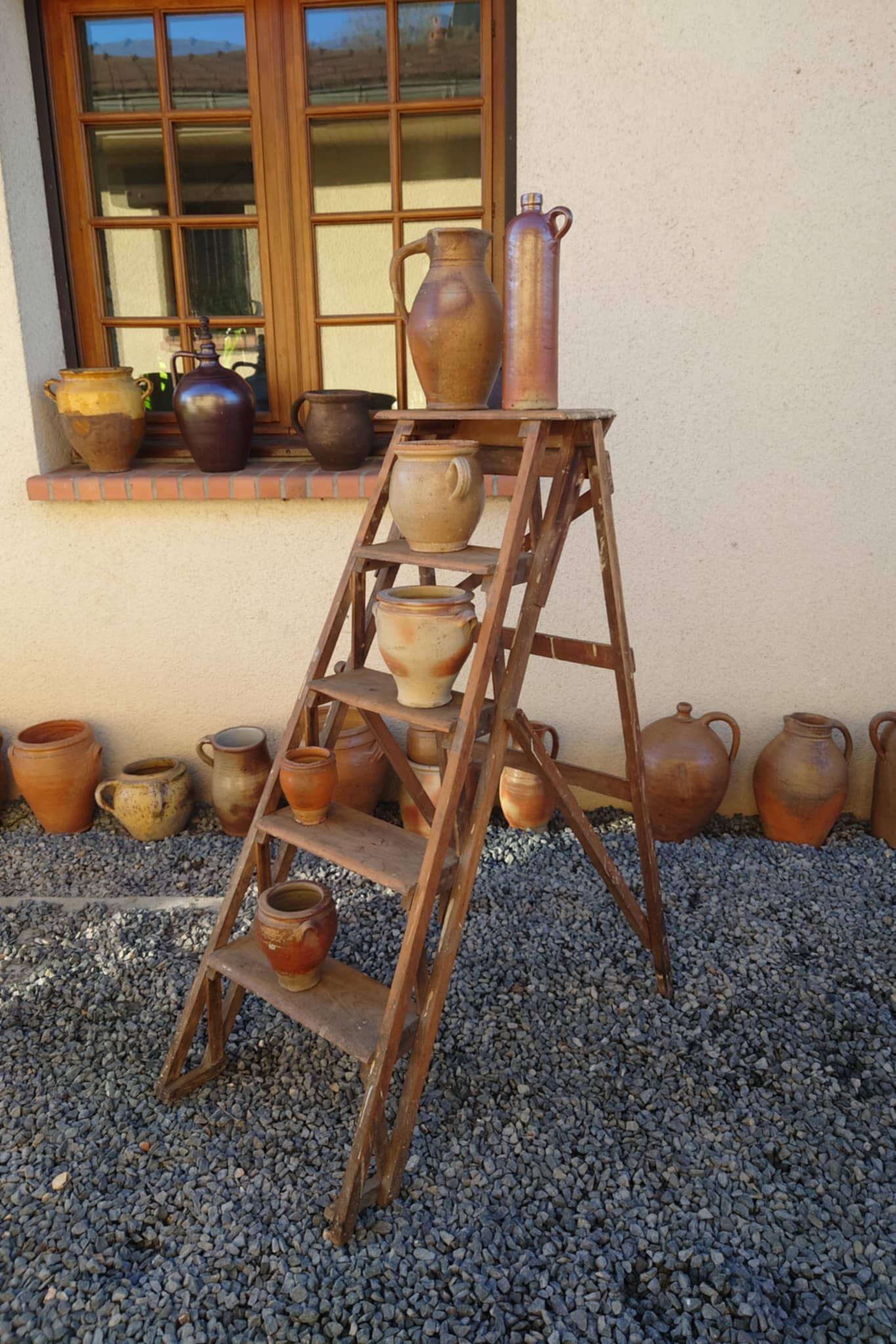 Antique wooden carpenter's stepladder, traces of paint, treated, 110 cm