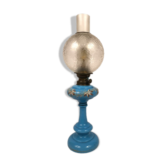 Blue opaline kerosene lamp, electrically mounted
