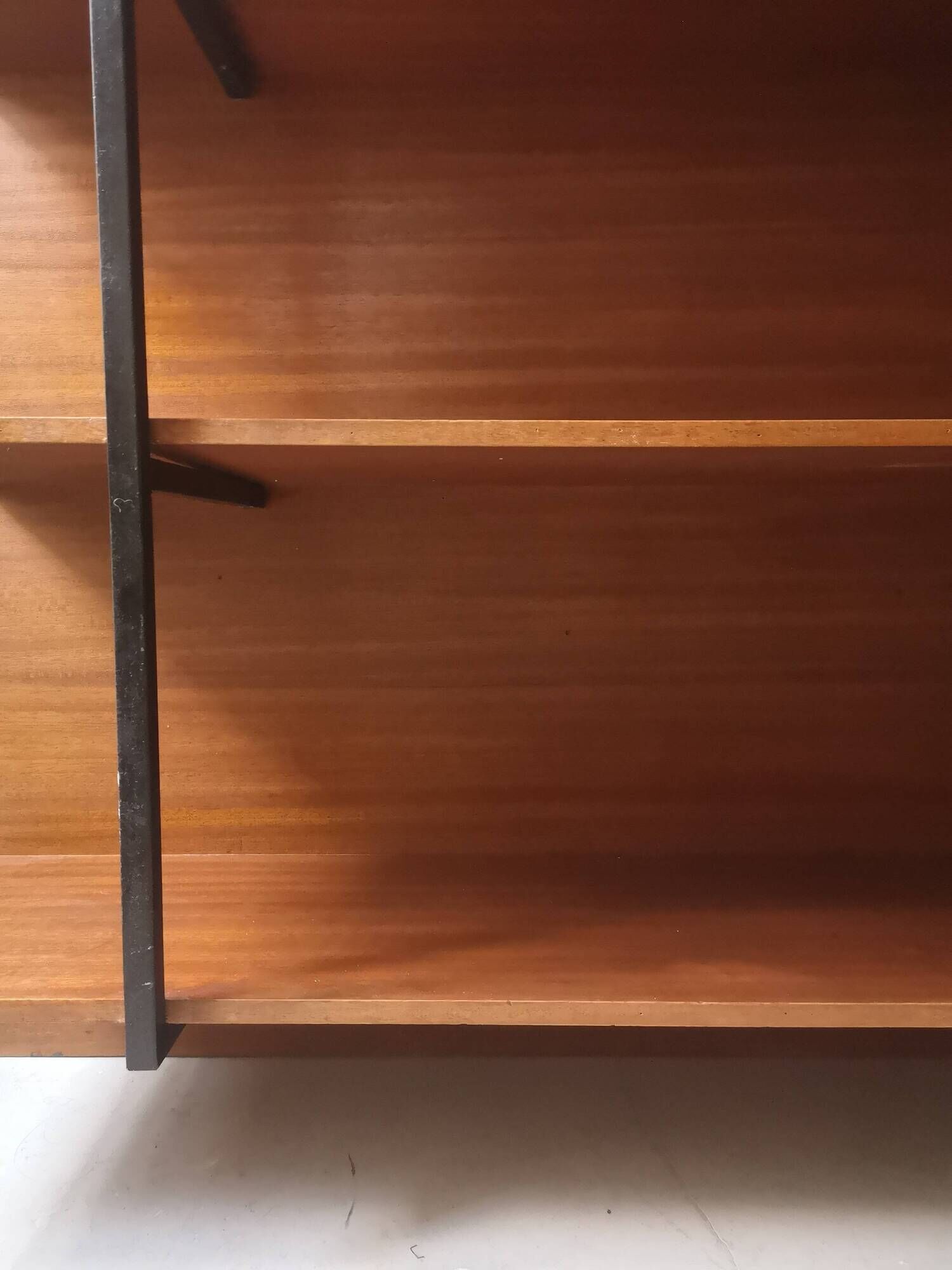 wall-mounted bookcase in wood and black metal, Scandinavian design 1970