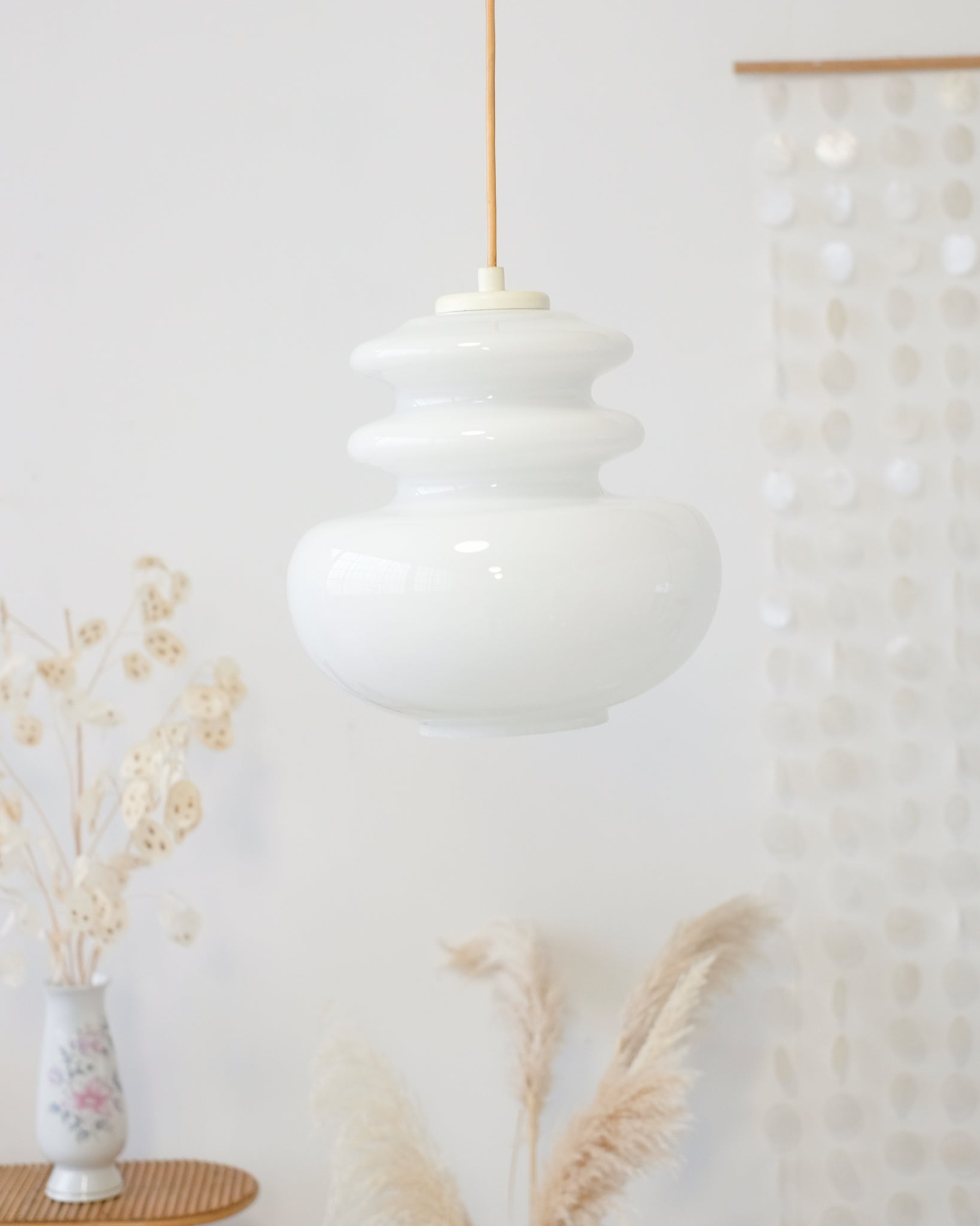 Large vintage suspension lamp in white opaline