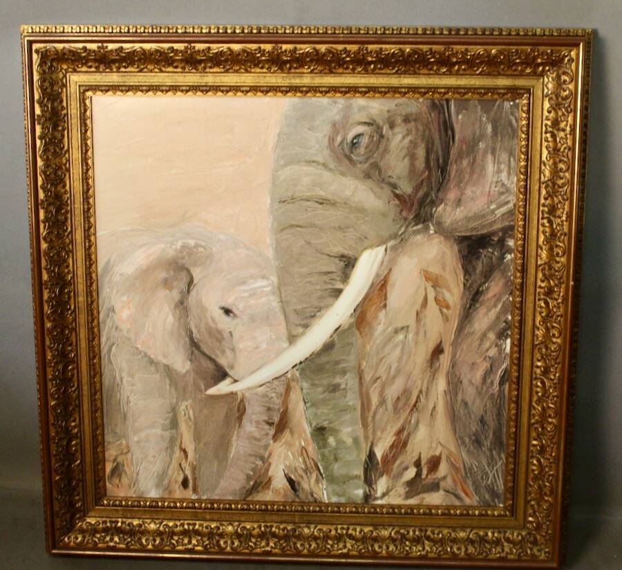 Framed oil on canvas "2 elephants"