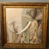 Framed oil on canvas "2 elephants"